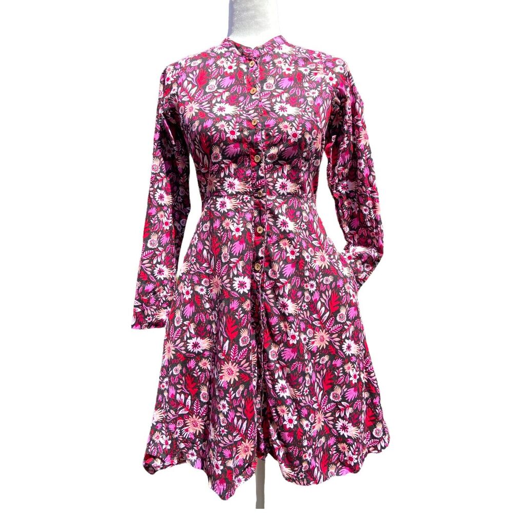 Mata Traders Floral MIDI Dress Long Sleeve Front Button Dress Size XS